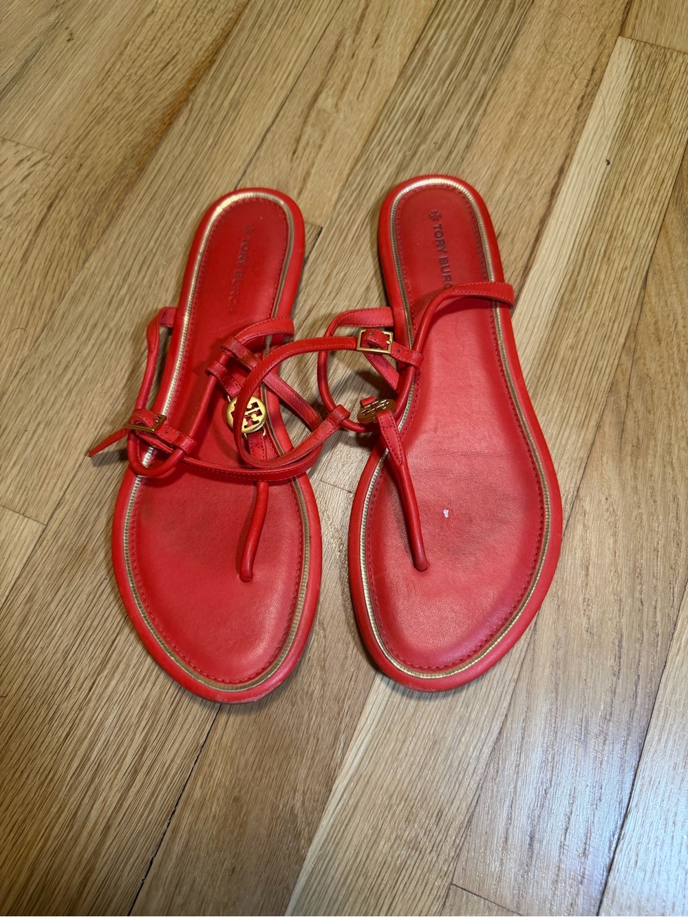 Tory Burch Burnt Orange Leather Logo Thong Sandals with Gold Accents